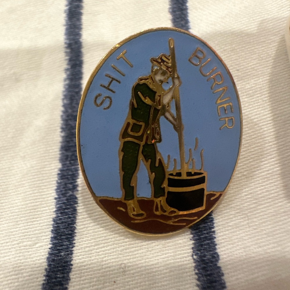 Vintage Light Blue and Green Enamel 'Shit Burner' Men's Pin